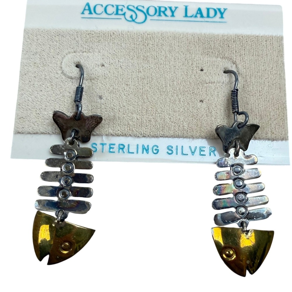 Vintage Sterling Silver Brass Fish‎ Skeleton Dangle Earrings Accessory Lady 925